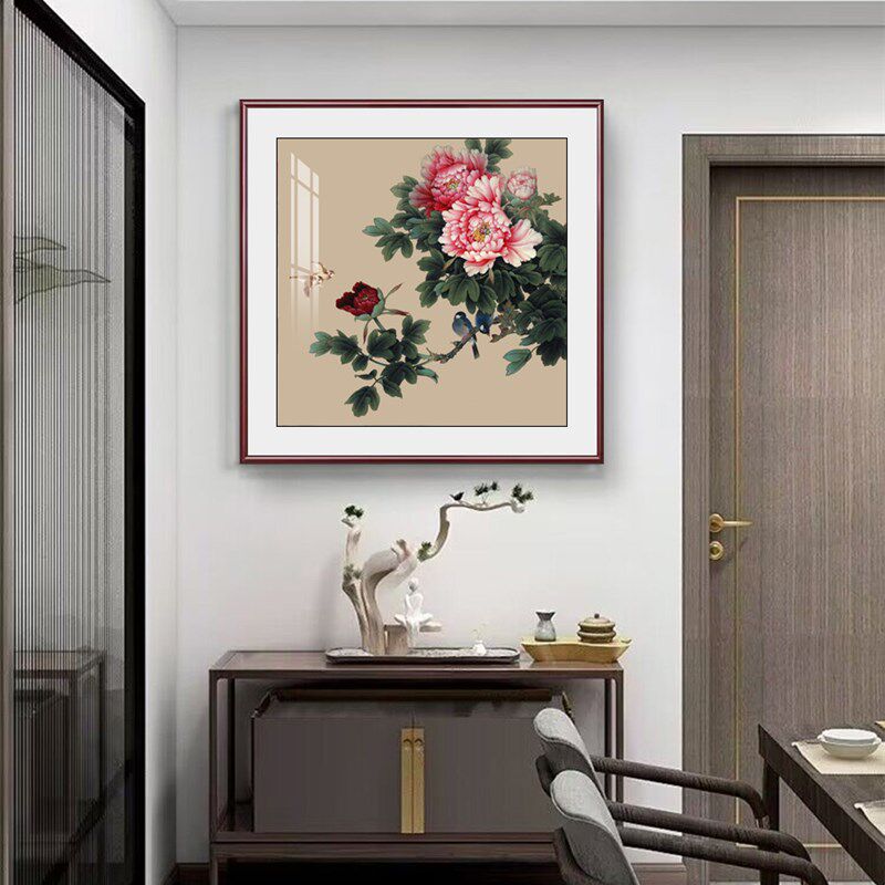 花开富贵牡丹玄关装饰画客厅餐厅斗方I形壁画沙发背景墙国画挂画
