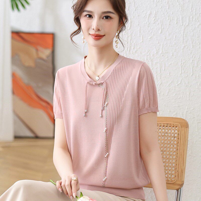 2024新款妈妈夏装冰丝短袖新中式盘扣上衣服中年女士洋气旗袍小衫