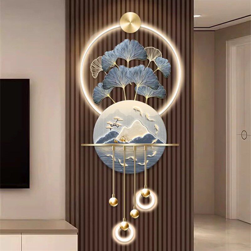 九鱼图玄关装饰画高档立体LED壁灯电视背景墙壁挂画入户走廊挂画