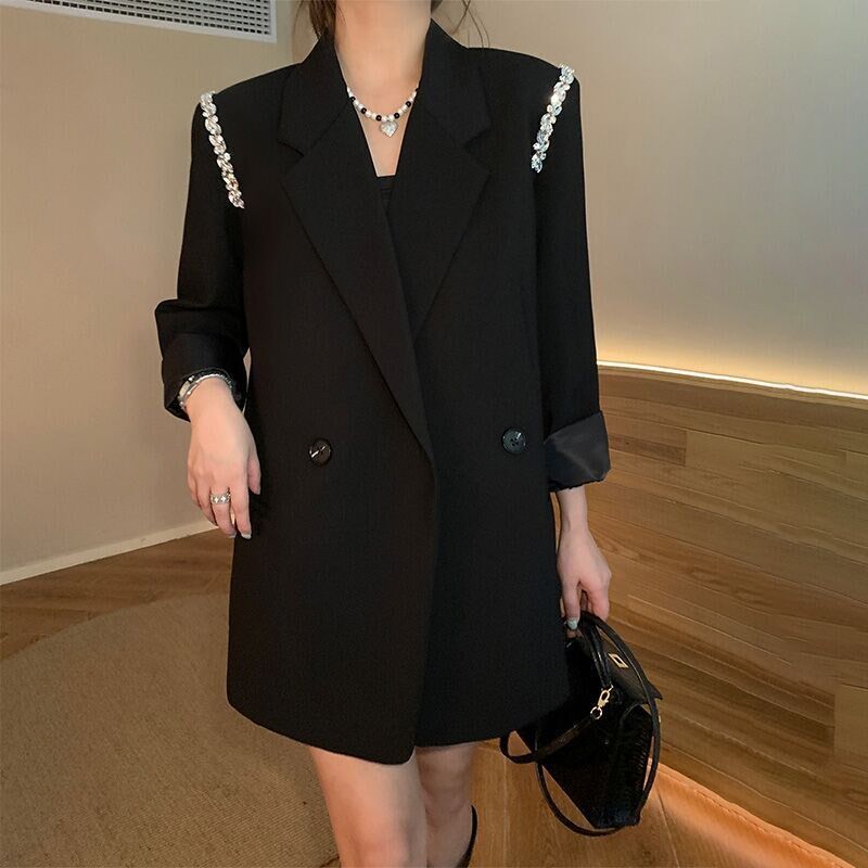 2024春装新款胖mm订珠高级感西装外套女宽松中长款大码西服200斤