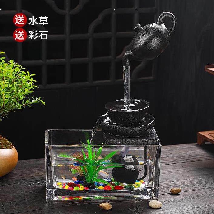 桌面造景喷水艺术茶壶吧r台水草流水器家居观景鱼缸陶瓷摆件造景