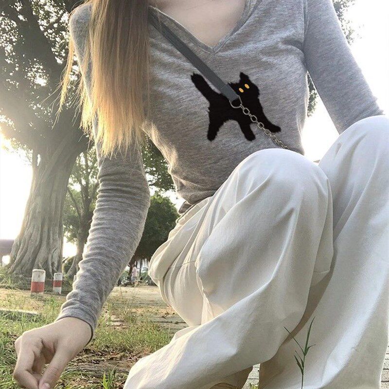 V领长袖修身打底衫女内搭2024新款动物印花薄款纯棉T恤洋气上衣秋