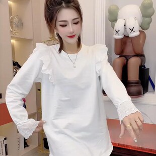 女春秋新款 内搭T恤打底衫 宽松百搭上衣 甜美蕾丝拼接长袖 200斤大码