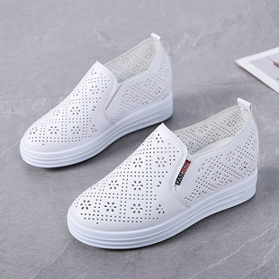 内增高一脚蹬懒人学生休闲鞋 夏季 镂空网鞋 2021女春新款 透气小白鞋