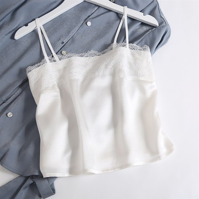 防走光白色蕾丝一字领真丝吊带背心短款女夏高腰露脐抹胸内搭打底