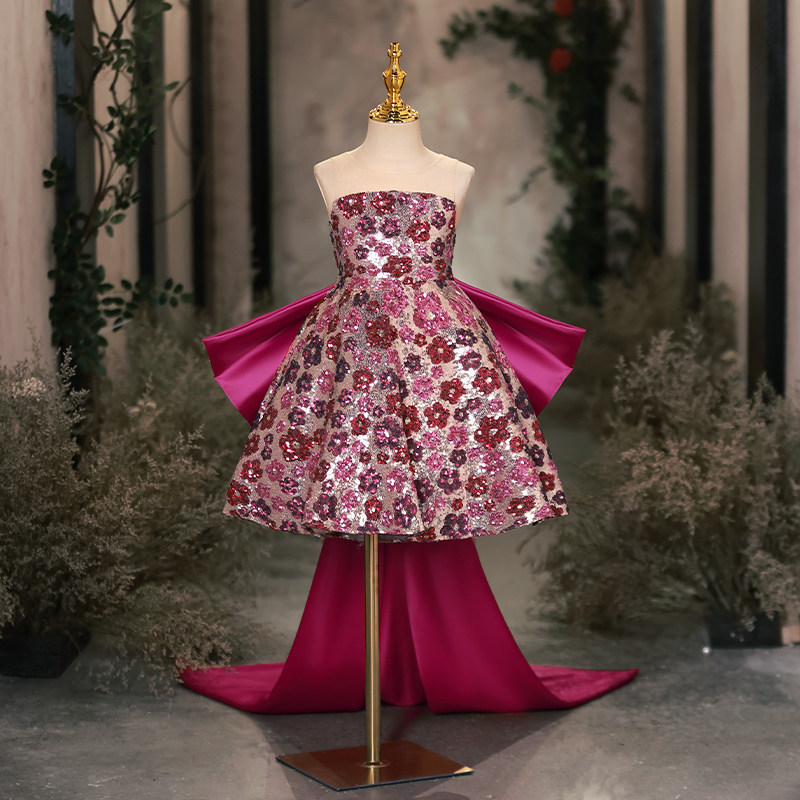 女童礼服2024新款轻奢小众高端儿童主持人演出服钢琴演奏拖尾玫红