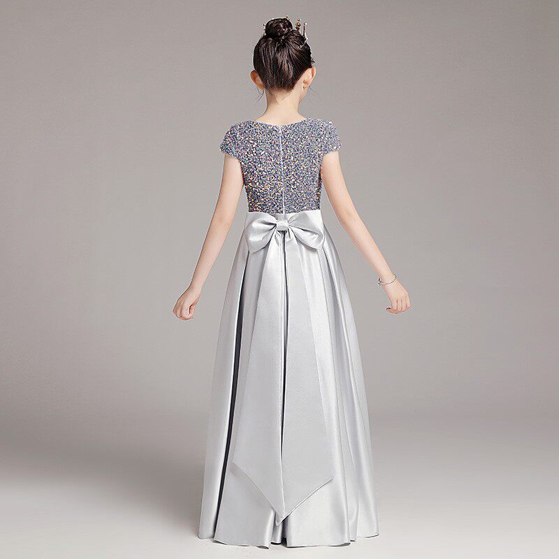 女大童钢琴礼服灰色幻彩亮片长款演出服公主裙儿童主持人表演服秋