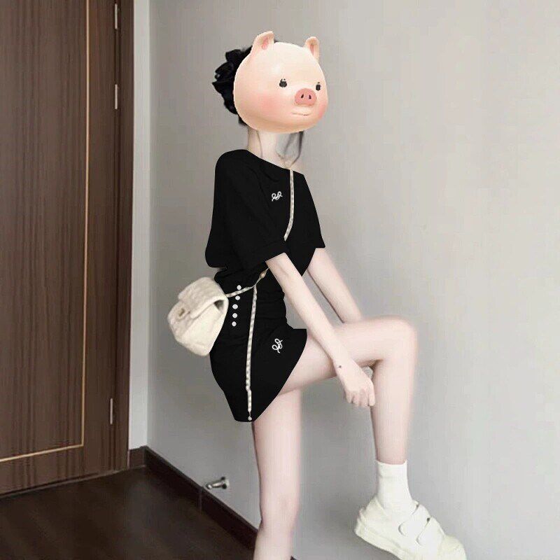 网红时尚运动休闲套装女夏季韩系减龄显瘦斜肩收腰短袖短裙两件套