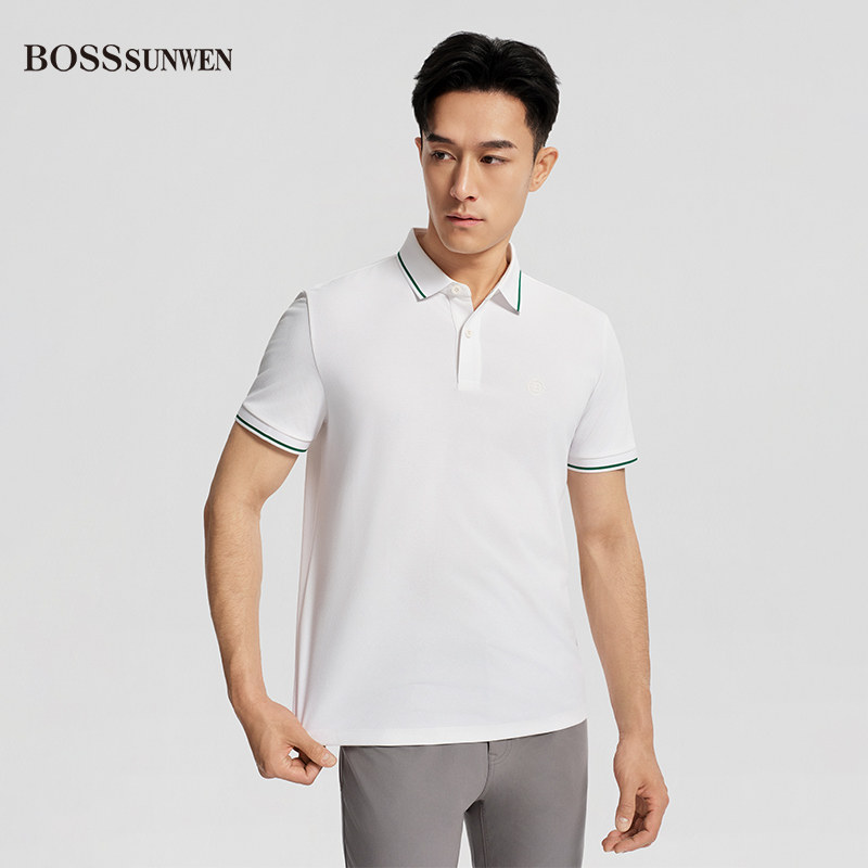 BOSSSUNWEN男士短袖翻领POLO衫商务休闲透气T恤夏季纯色百搭上衣图片