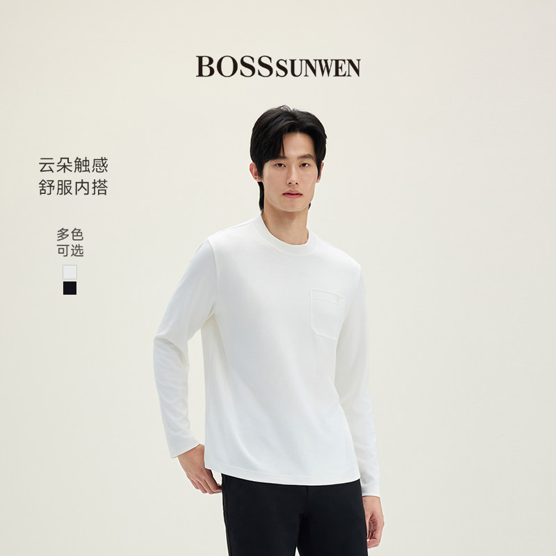 BOSSSUNWEN/博斯·绅威男士圆领长袖T恤白色修身商务休闲套头卫衣