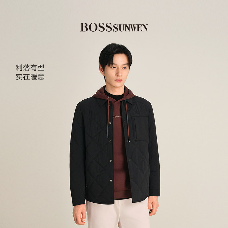 BOSSSUNWEN/博斯·绅威轻薄短款棉衣男翻领菱格绗缝休闲外套黑色