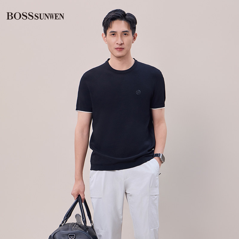 BOSSSUNWEN博斯绅威男士针织衫撞色套头纯色修身圆领短袖T恤线衫
