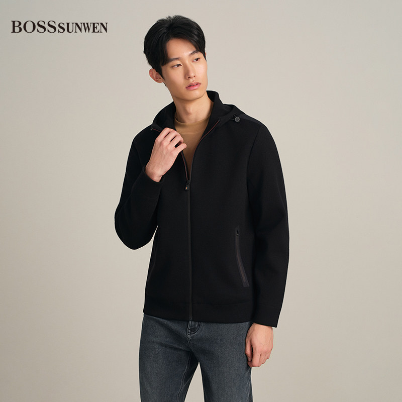 BOSSSUNWEN男士羊毛针织拼接羽绒服90白鹅绒保暖修身休闲连帽外套