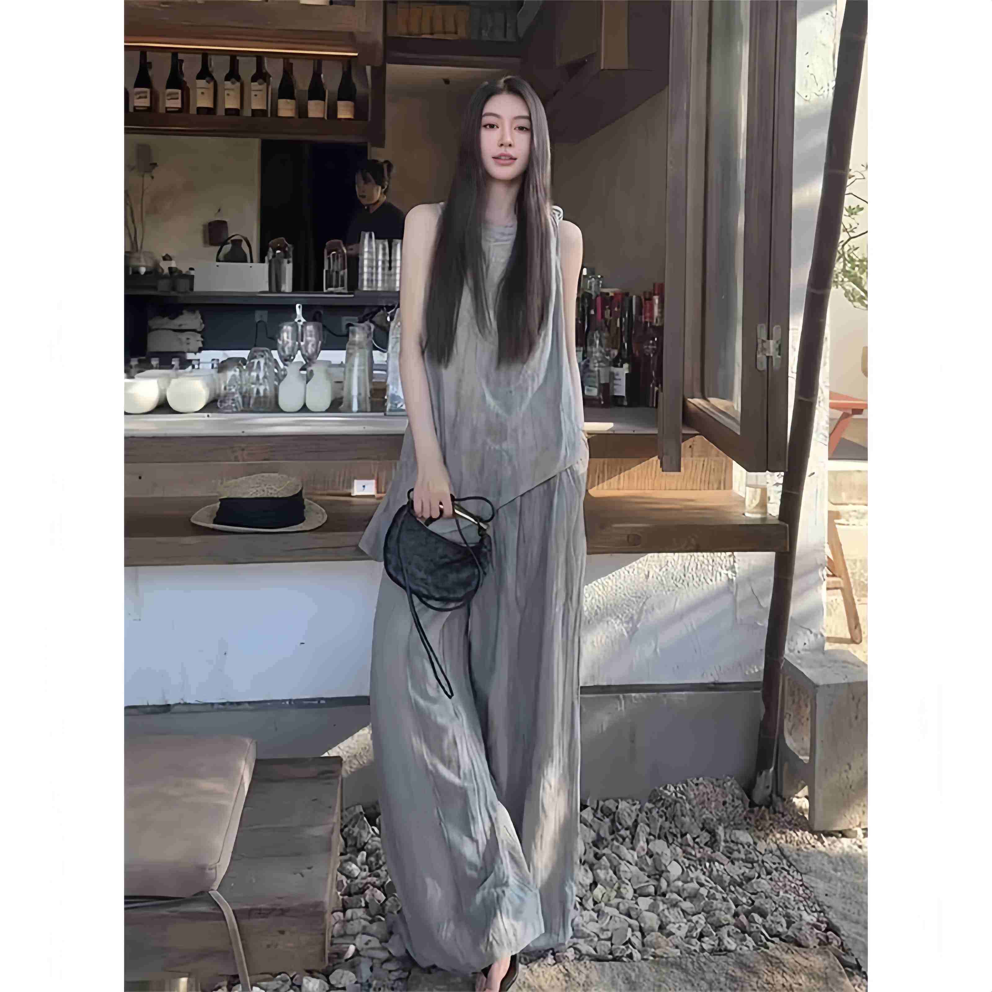 高级感法式松弛感穿搭一整套夏季新款不规则无袖上衣阔腿裤两件套