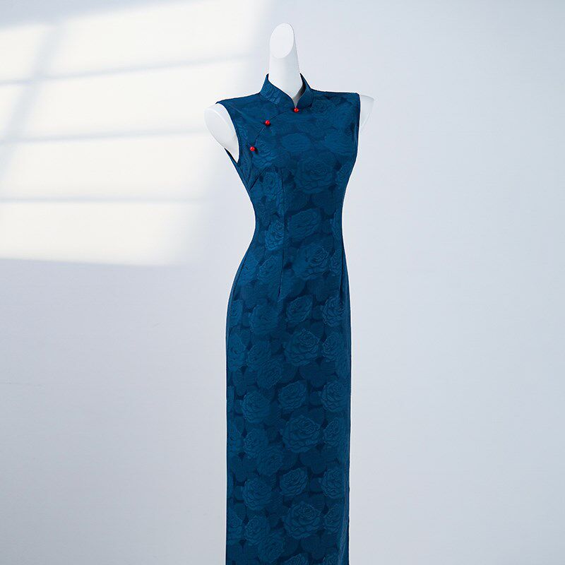 锦绣依人蓝色旗袍女新中式复古民国高个子长款大码日常可穿女夏