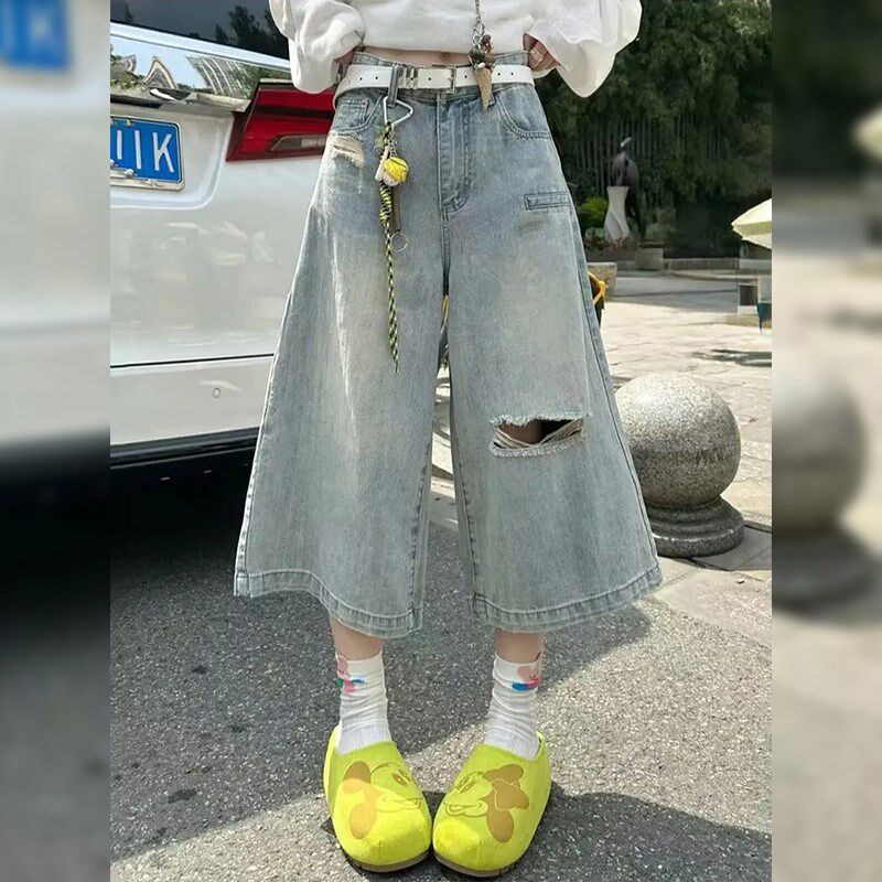 复古做旧水洗破洞七分牛仔裤女夏季薄款大码胖mm宽松直筒阔腿裤
