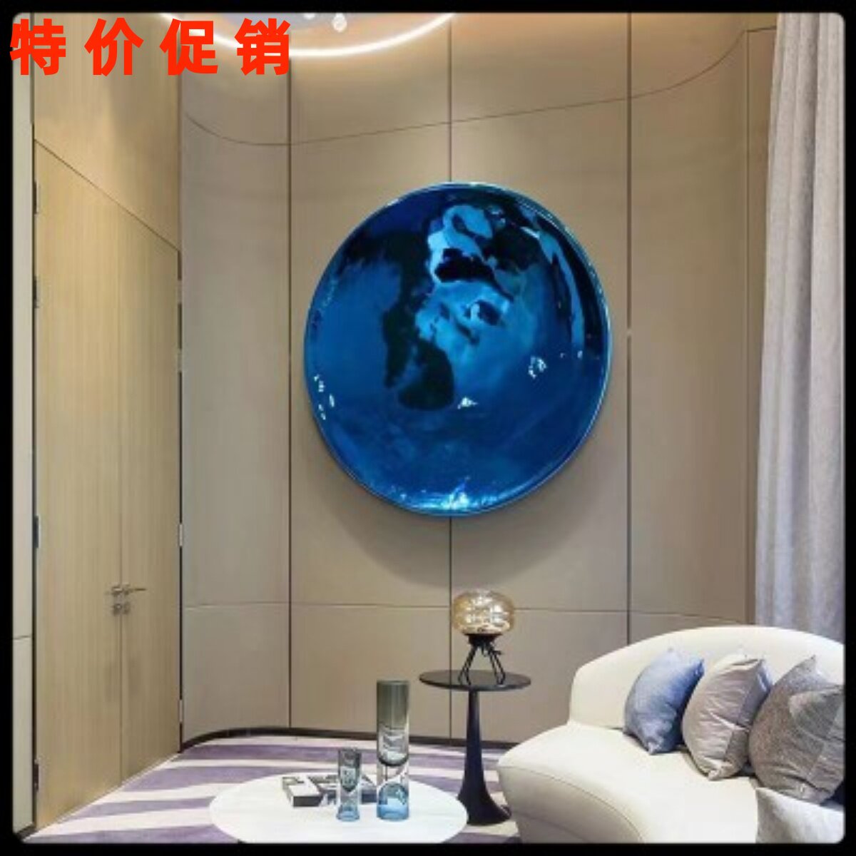 网红电镀蓝色圆盘壁饰售楼处简约走廊玄关餐厅墙面装饰.圆形壁挂