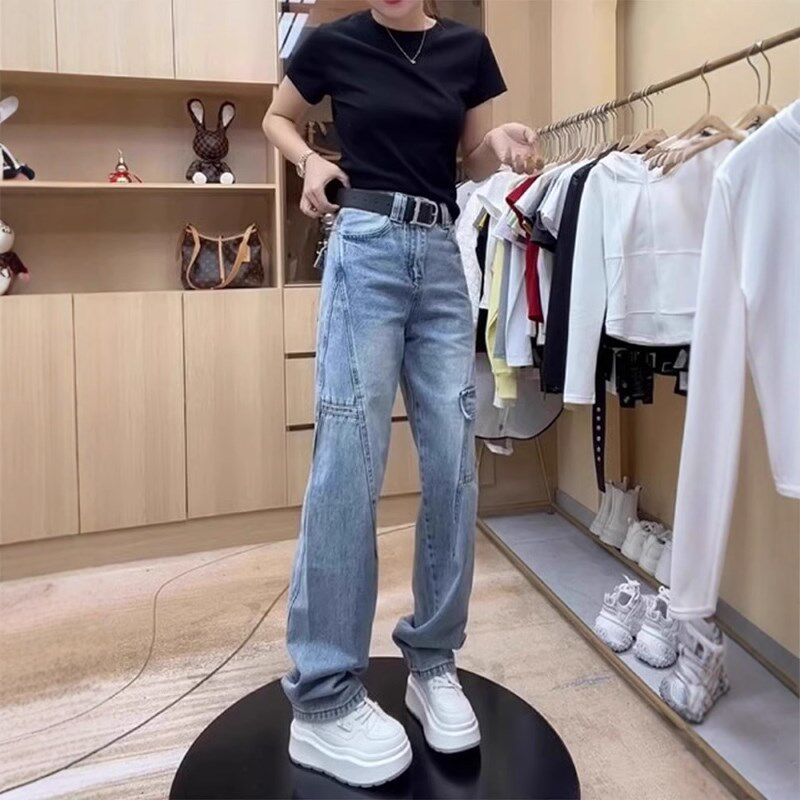 大码女装复古百搭窄版直筒牛仔裤2025春季爆款弹力显瘦遮胯阔腿裤