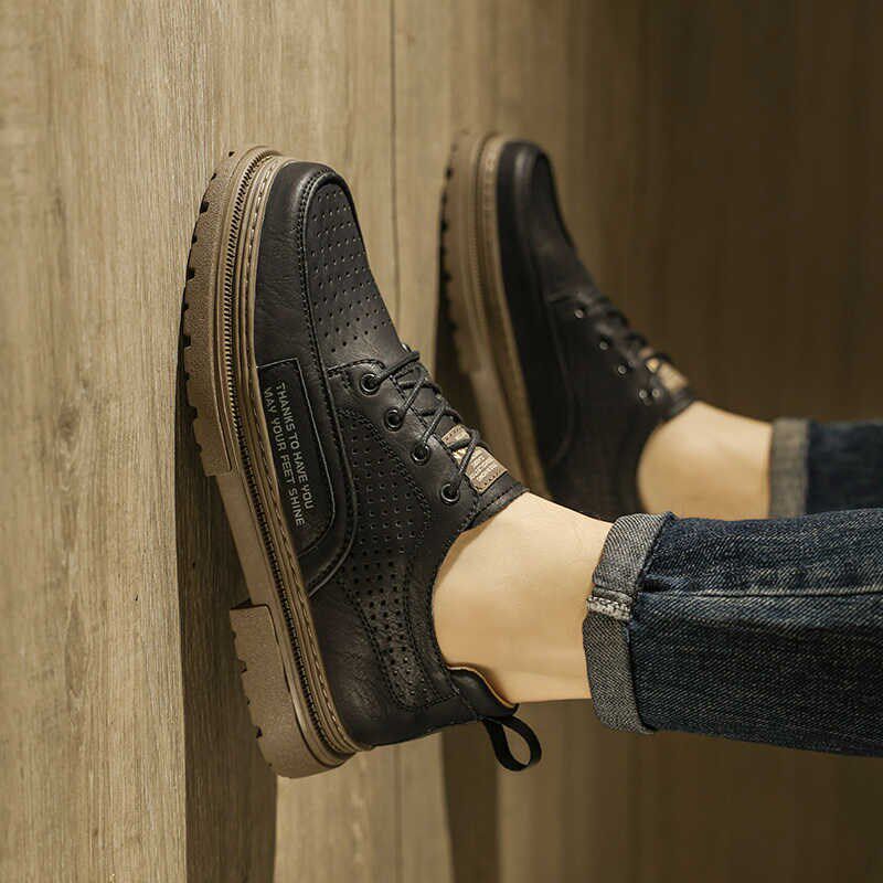 男鞋夏季透气薄款镂空夏款休闲皮鞋爆款鞋子工装R风马丁靴男款低