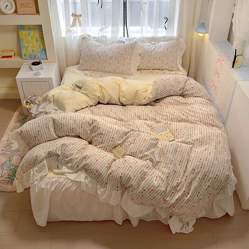 韩里韩气小碎花印花水洗棉韩式花边四件套学生宿舍三件.套床裙床