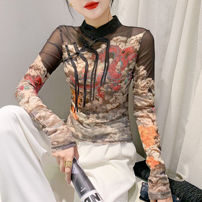 2023秋冬气质国风盘扣立领长袖T恤女网纱打底衫修身显瘦百搭上衣