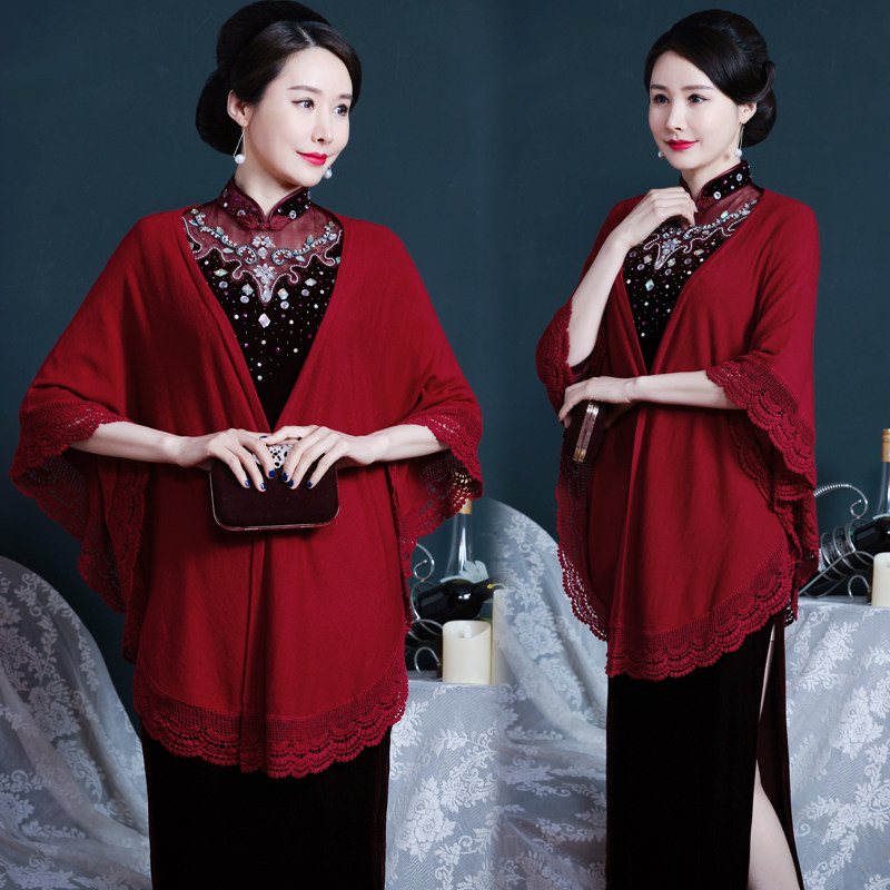 婚宴喜庆妈妈春夏酒红色旗袍披肩外搭外套薄款针织开衫斗篷空调房