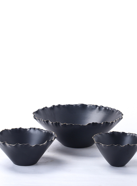 现代简约a白色金边陶瓷果盘摆件新中式样板房软装黑色花瓶花盆饰