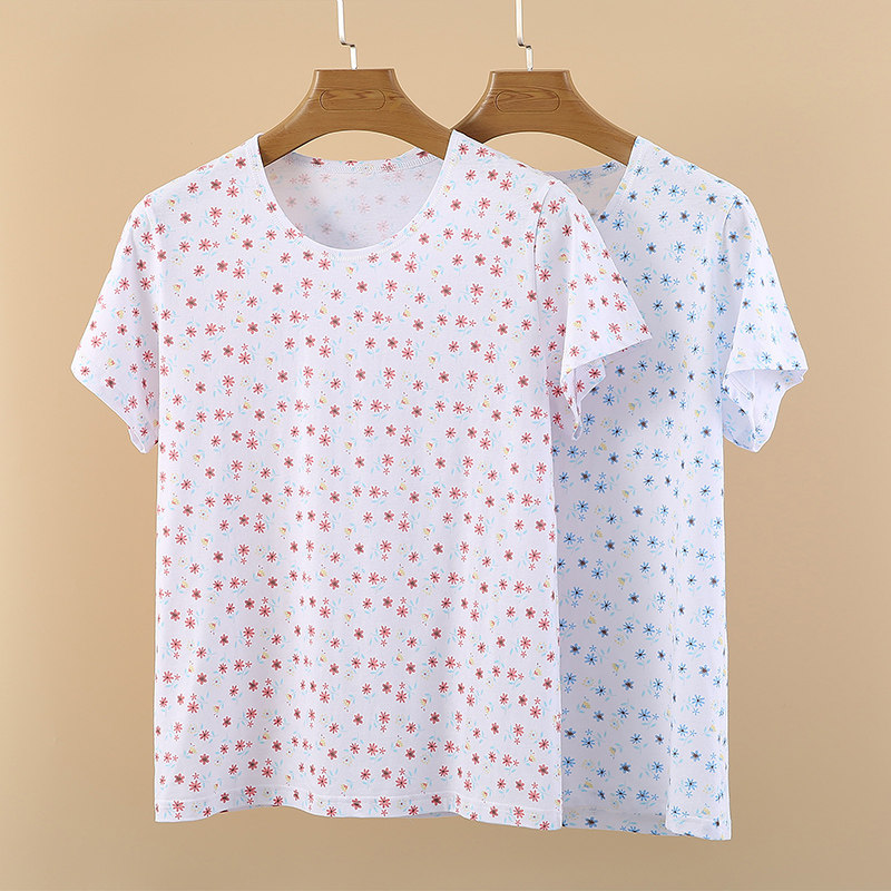 夏季薄款老年人短袖套头背心宽松全棉家居服女士圆领大码汗衫睡衣