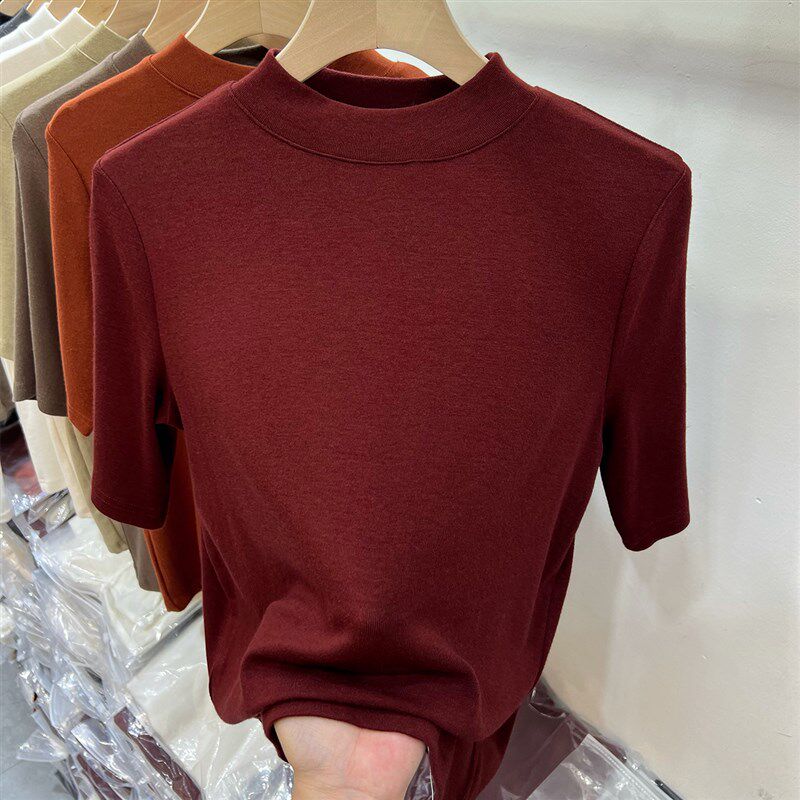 打底衫女春秋薄款半高领内搭复古红上衣洋气2025新款五分袖针织衫