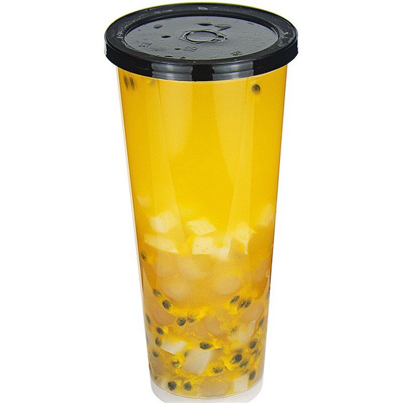 80口径奶c茶杯注塑杯高脚杯圆形奶茶杯加厚黑色平盖印刷咖啡杯商
