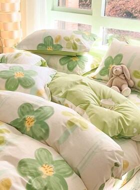 小清新床上四件套j全棉纯棉床单被套一1米5五2二8八乘两绿色三件