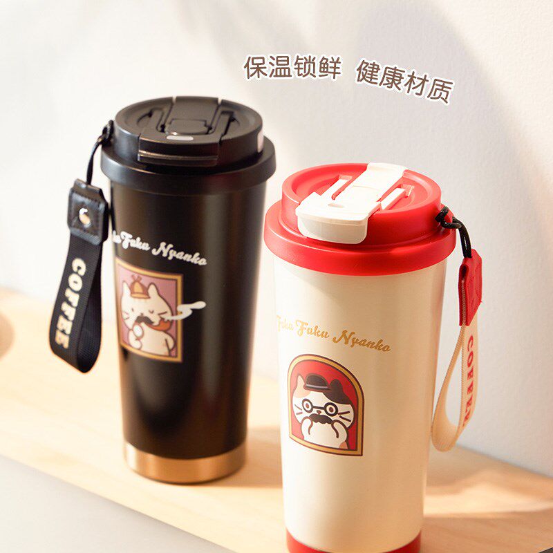 咖啡杯可爱简约外带便携高颜值富酷E猫新款不锈钢保温杯吸管随行