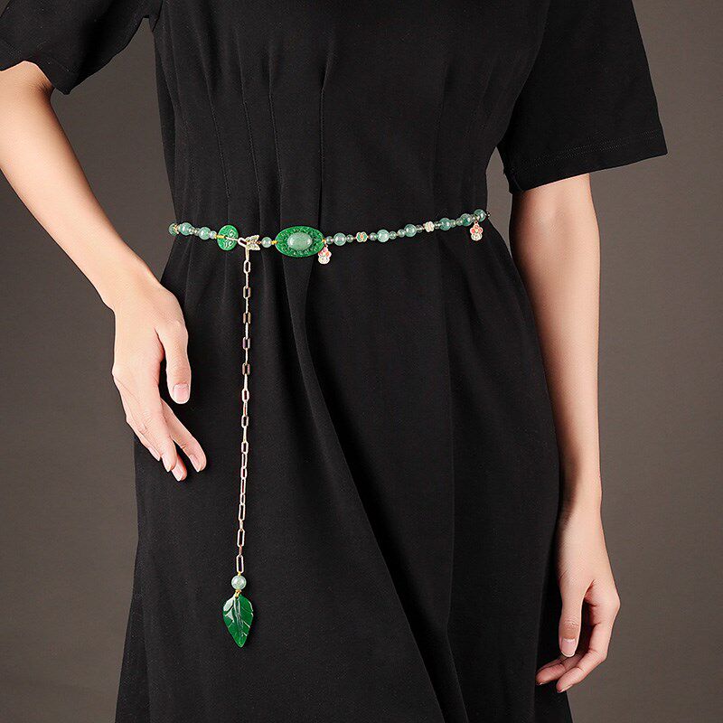 绿色干青腰链 绿草莓晶腰间挂件 玉流苏汉服连衣裙马面裙配饰腰带