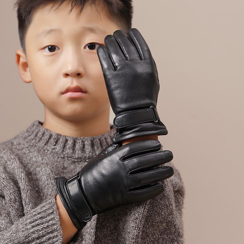 加厚儿童皮手套秋冬季宝宝男孩男童真皮保暖五指小孩秋天加绒可爱