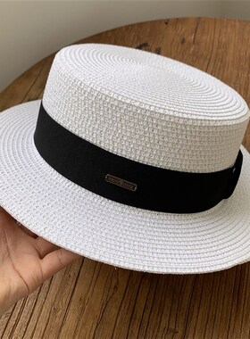 夏季时尚情侣草帽白色平顶帽女韩版逛街百搭复古英伦窄沿小礼帽男
