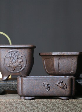 紫砂花盆柴烧六方形长方形六角形盆景盆桌面盆栽透气菖蒲盆手工盆