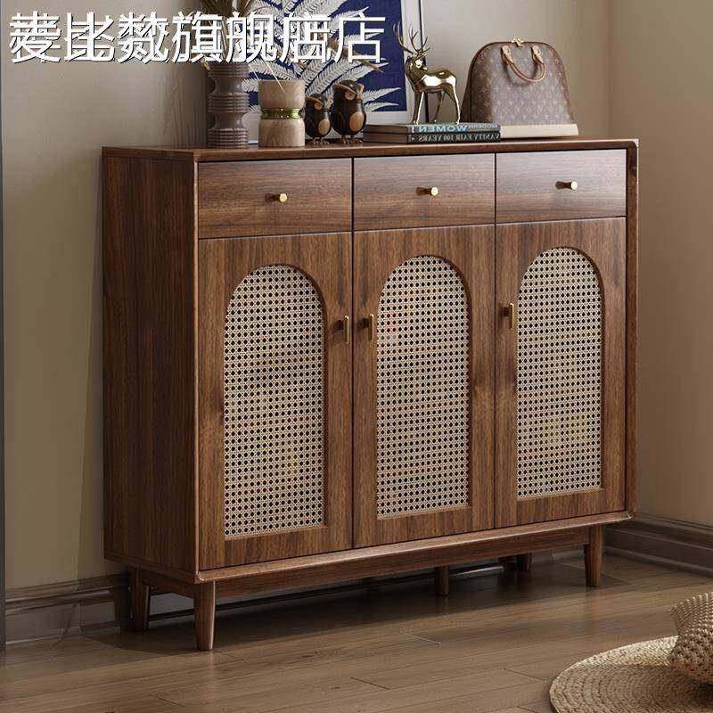 麦比梵藤编鞋柜实木框家用门口玄关柜简约复古收纳柜储物柜新款门外鞋