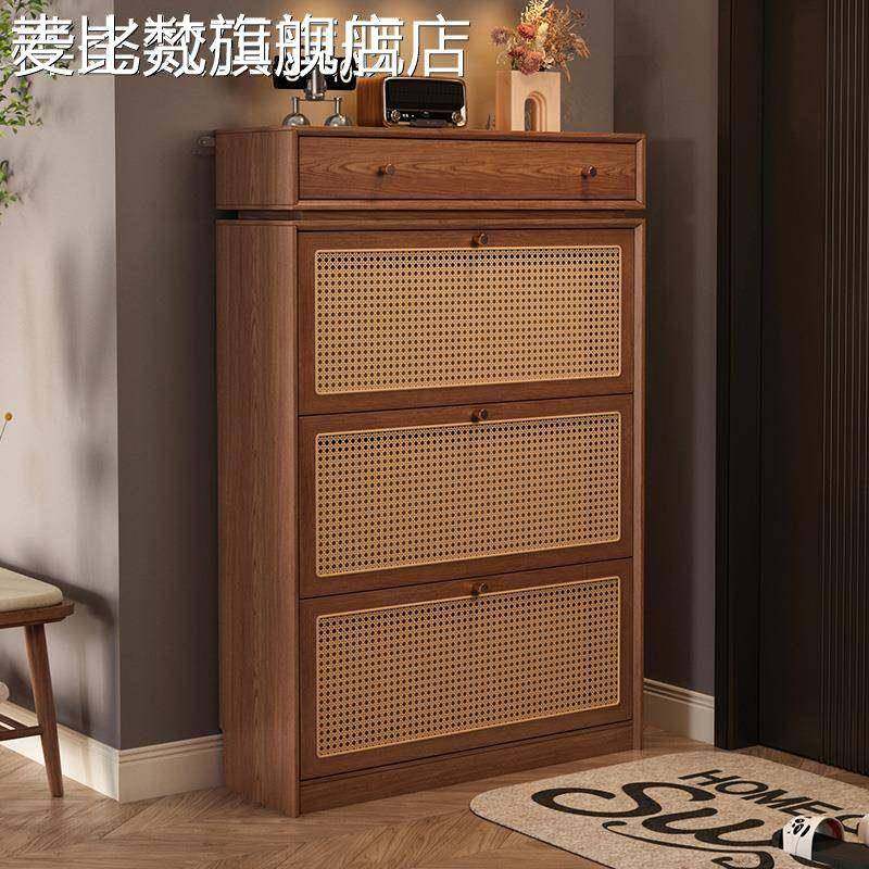 麦比梵中古风超薄翻斗鞋柜实木家用门口入户门后鞋柜小窄室内新款玄关