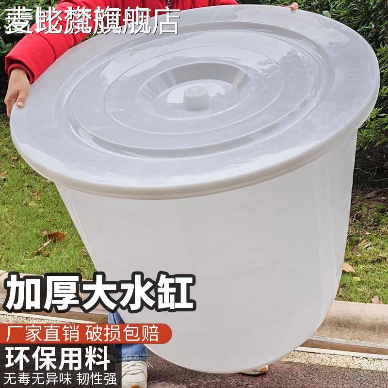 麦比梵水缸家用加厚塑料大容量带盖子储水培鱼特大号圆形大水桶发酵大白桶摆件饰品垫垫