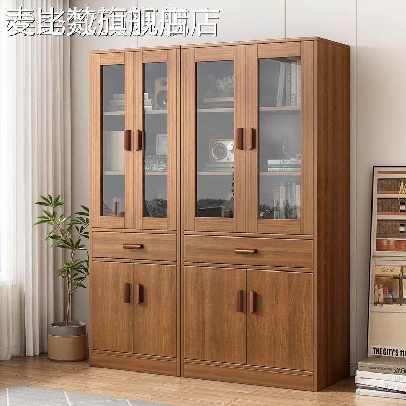 麦比梵书柜带玻璃门客厅储物柜靠墙组合书架收纳柜一体木质高柜子置物