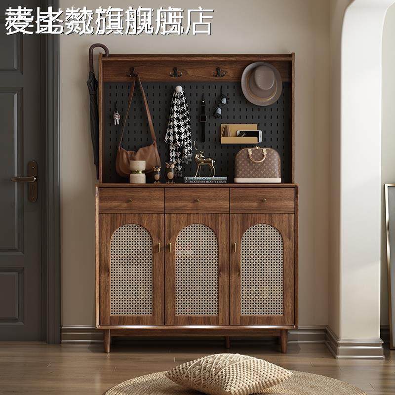 麦比梵实木家用门口鞋柜衣架一体入户玄关大容量多层收纳储物藤编门厅