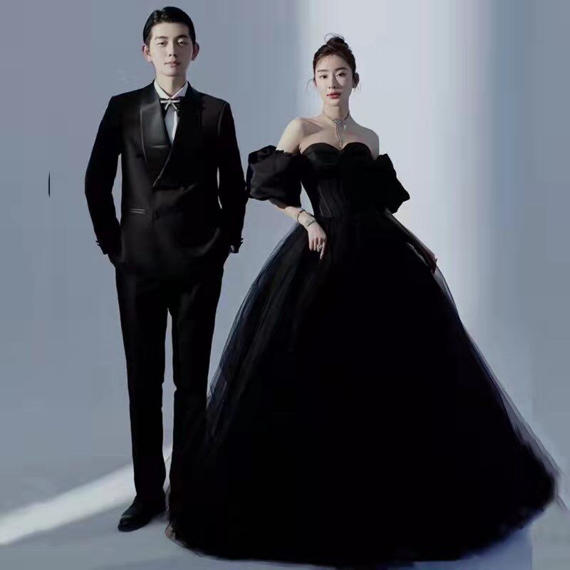 新款影楼主题韩版彩纱复古赫本风泡泡袖抹胸婚纱拖尾拍照黑色礼服