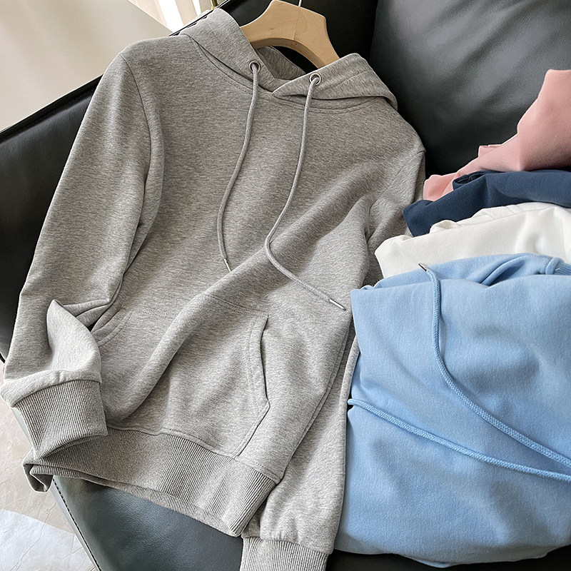 连帽短款卫衣女春秋薄款抽绳基础款纯色帽衫宽松纯棉长袖薄款外套