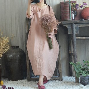 裙子套头文艺复古盘扣长裙棉麻连衣裙 宽松大码 2020春夏季 新款