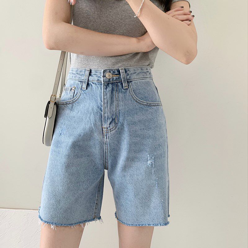 牛仔五分裤女直筒港味宽松2021夏季新款高腰中裤毛边浅色短裤薄款