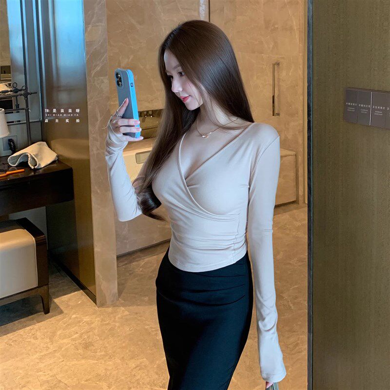 胸前交叉设计上衣【胸大腰细】长袖tee简约纯色V领修身T恤气质女