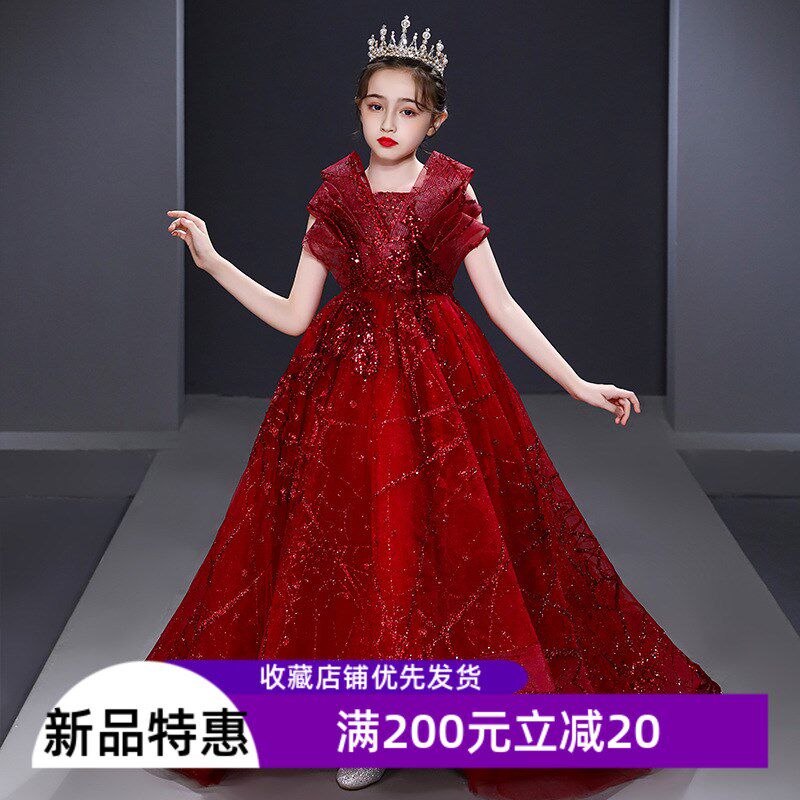 女大童拖尾晚礼服红色蓬蓬纱模特走秀洋气公主裙小女孩钢琴演出服