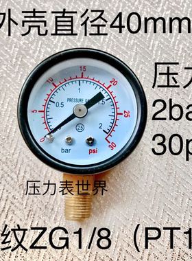 压力表 Y-40 0-2bar 30psi 40mm 径向 立式 铜螺纹ZG1/8 PT R