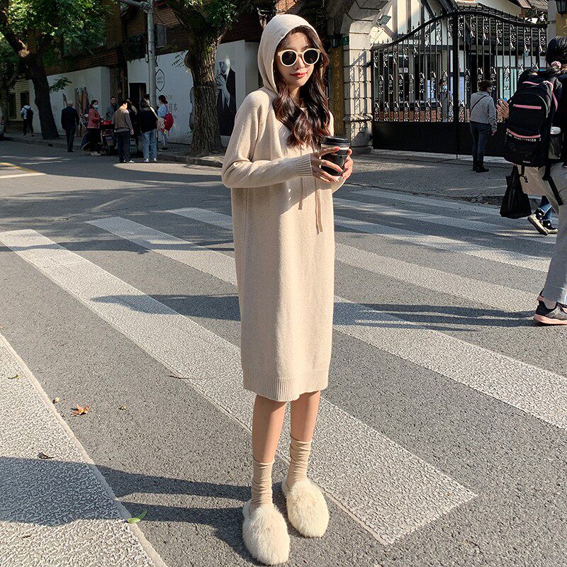 小个子过膝长裙针织打底连衣裙中长款内搭外穿毛衣裙连帽卫衣裙子