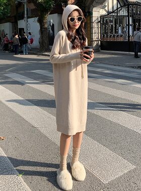 小个子过膝长裙针织打底连衣裙中长款内搭外穿毛衣裙连帽卫衣裙子